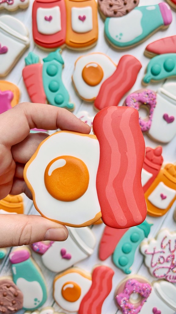 eggs and bacon cookie decorated with royal icing 