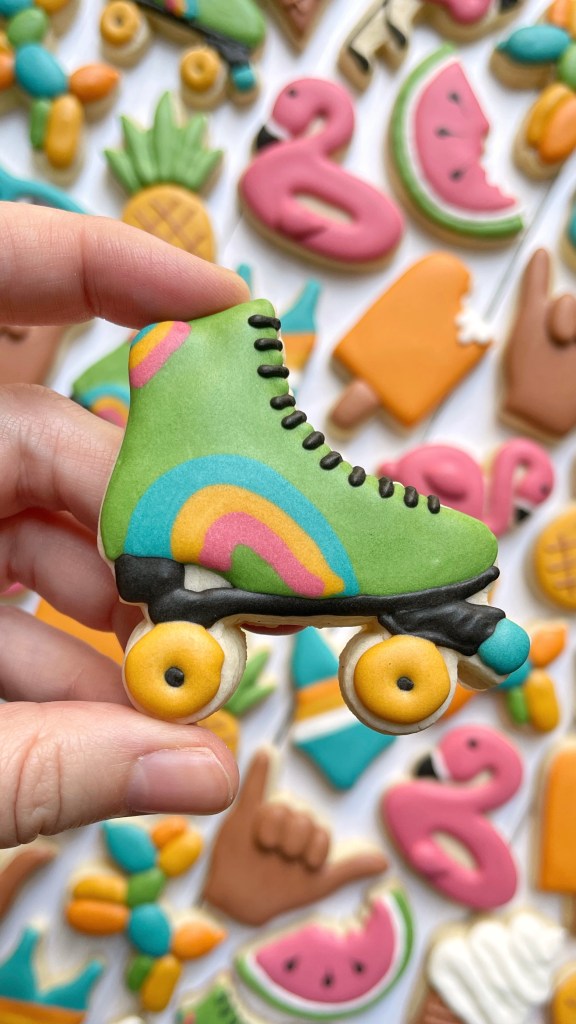 rollerskates cookie decorated with royal icing 