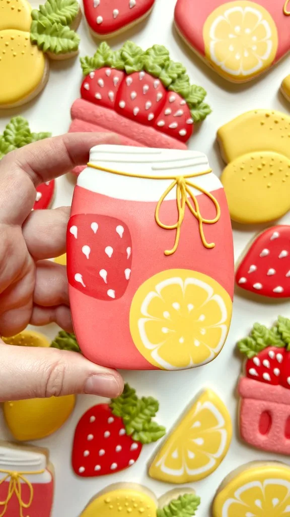 strawberry lemonade jar cookie decorated with royal icing 