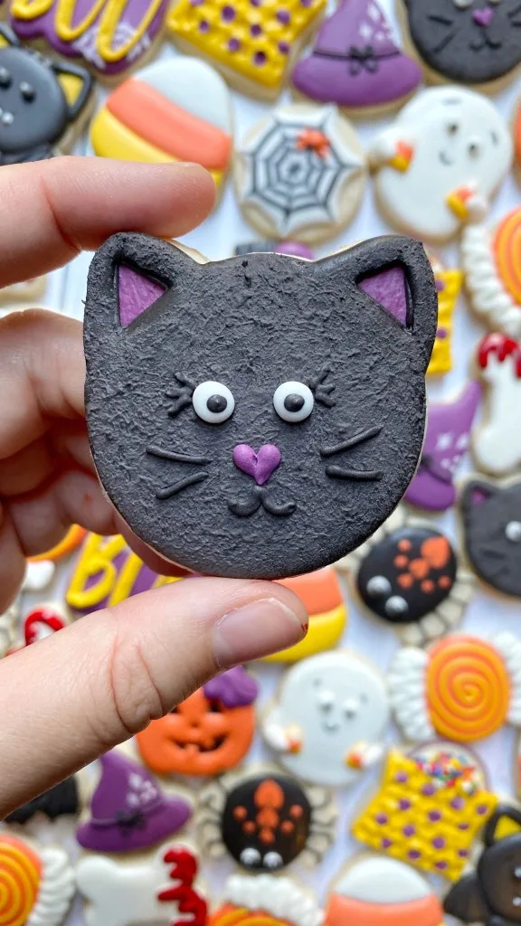 black cat cookie decorated with royal icing 