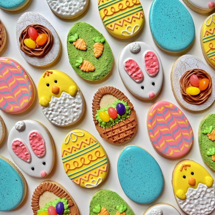 photo of easter egg sugar cookies decorated with royal icing 