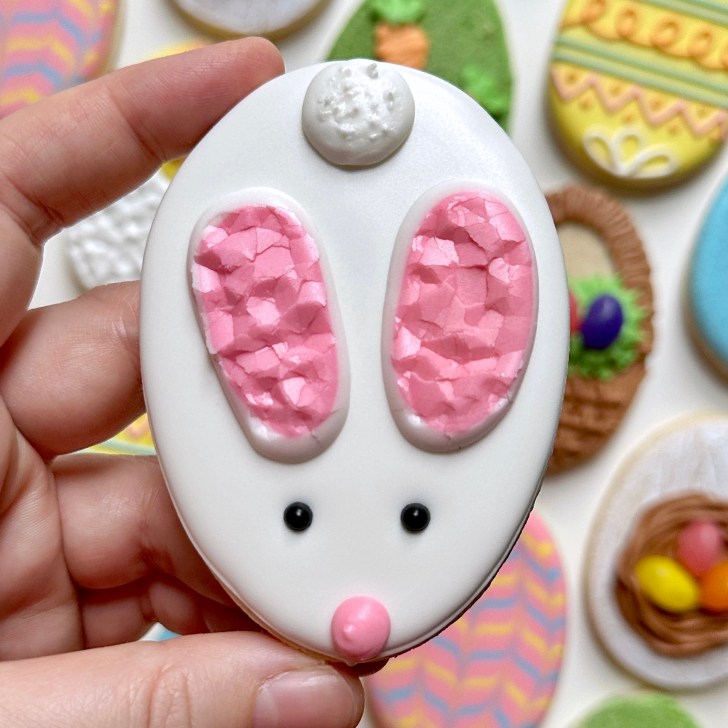 bunny easter egg sugar cookie decorated with royal icing 