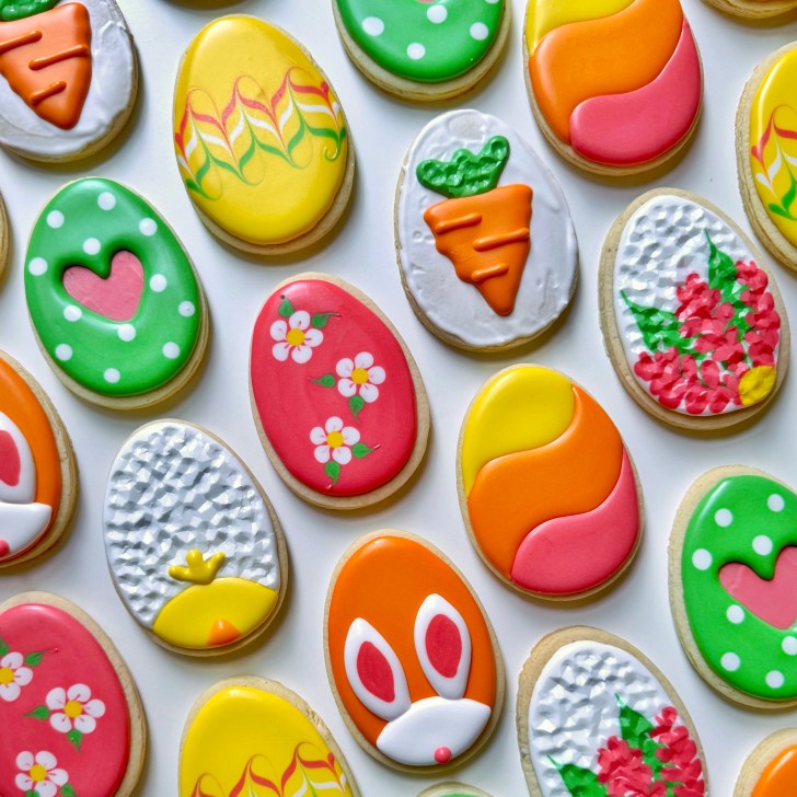 photo of easy easter egg cookies decorated with royal icing 