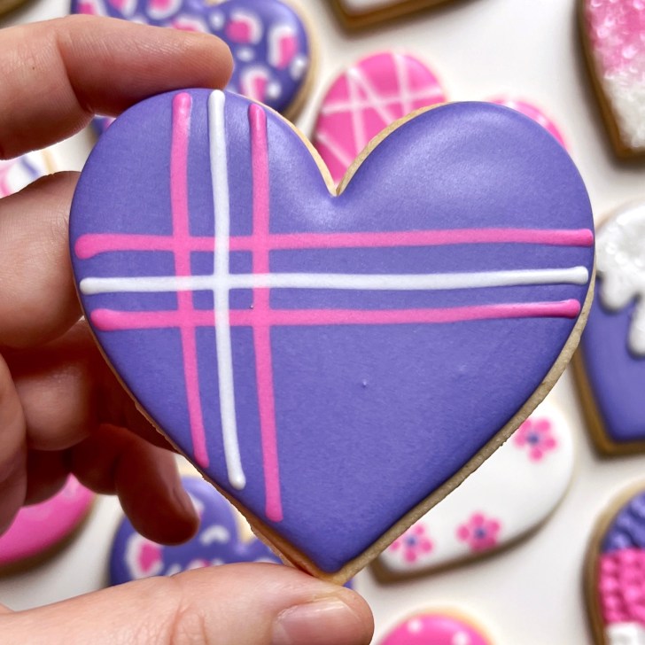 purple plaid Easy Valentine's Day Cookies decorated with royal icing 