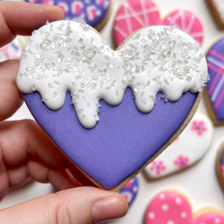 purple drip easy heart cookies decorated with royal icing 