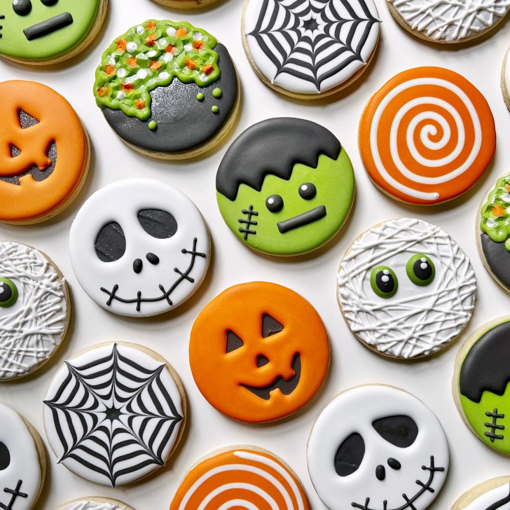photo of halloween circle sugar cookies decorated with royal icing